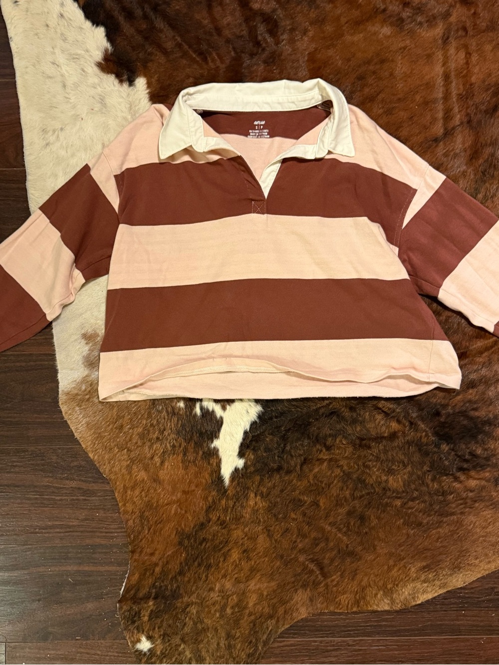 aerie Cropped Rugby Polo - Pink & Brown